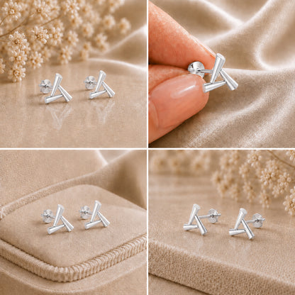 Sculpted Triangle Geometric Rhodium Plated 925 Sterling Silver Stud