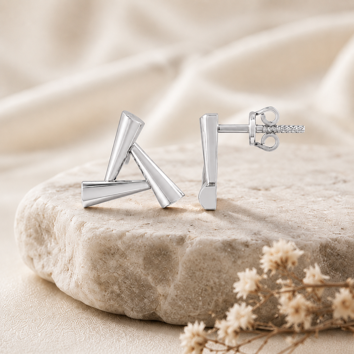 Sculpted Triangle Geometric Rhodium Plated 925 Sterling Silver Stud