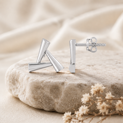 Sculpted Triangle Geometric Rhodium Plated 925 Sterling Silver Stud
