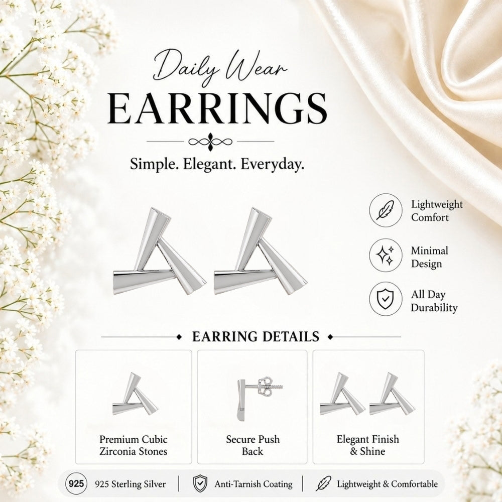 Sculpted Triangle Geometric Rhodium Plated 925 Sterling Silver Stud