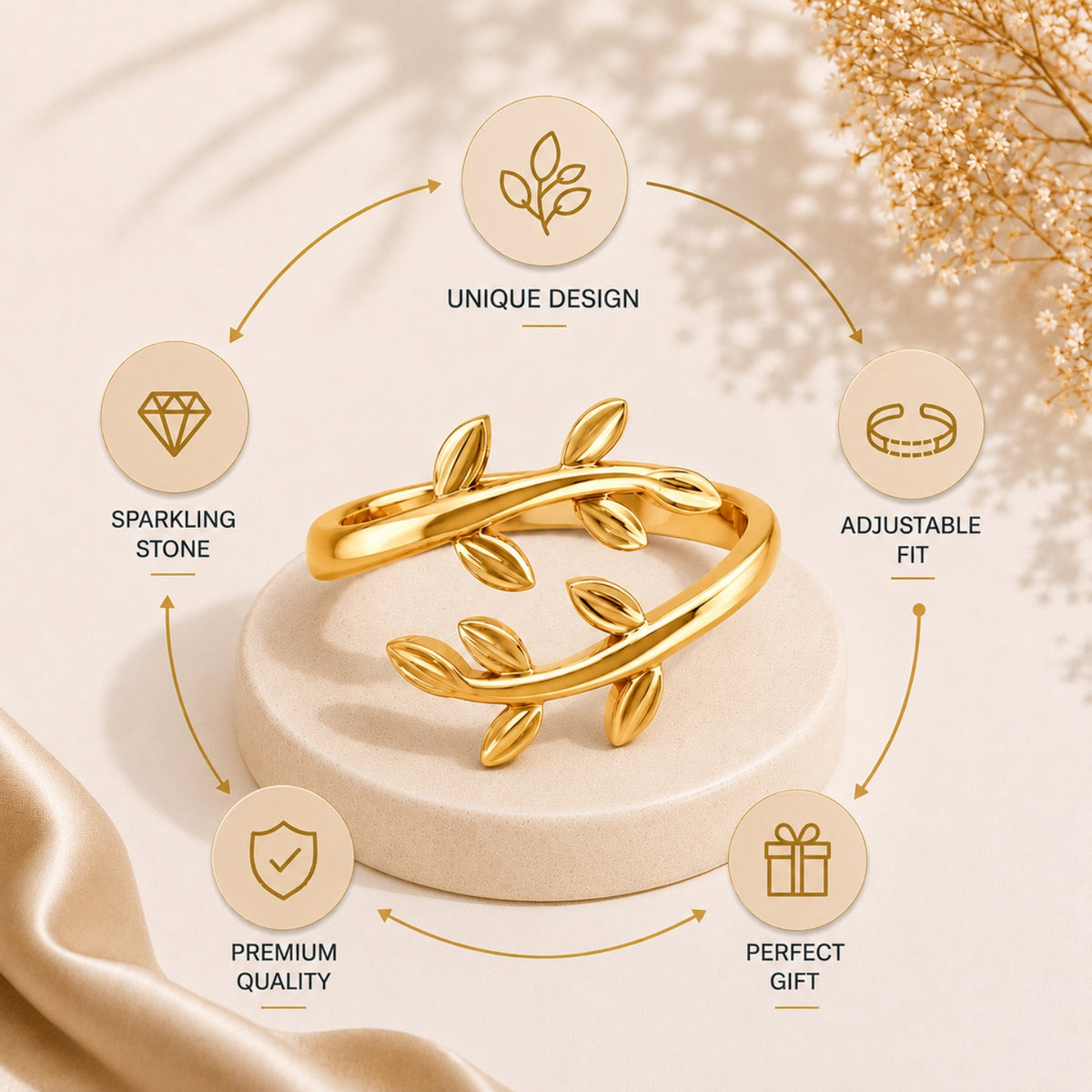 Nature-Inspired Leaf Vine Open Gold Plated Ring