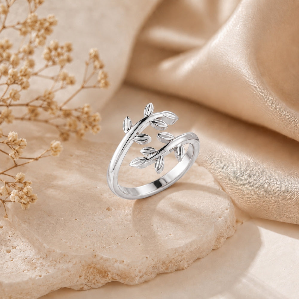 Nature-Inspired Leaf Vine Open Rhodium Plated Ring