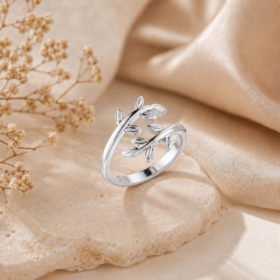 Nature-Inspired Leaf Vine Open Rhodium Plated Ring