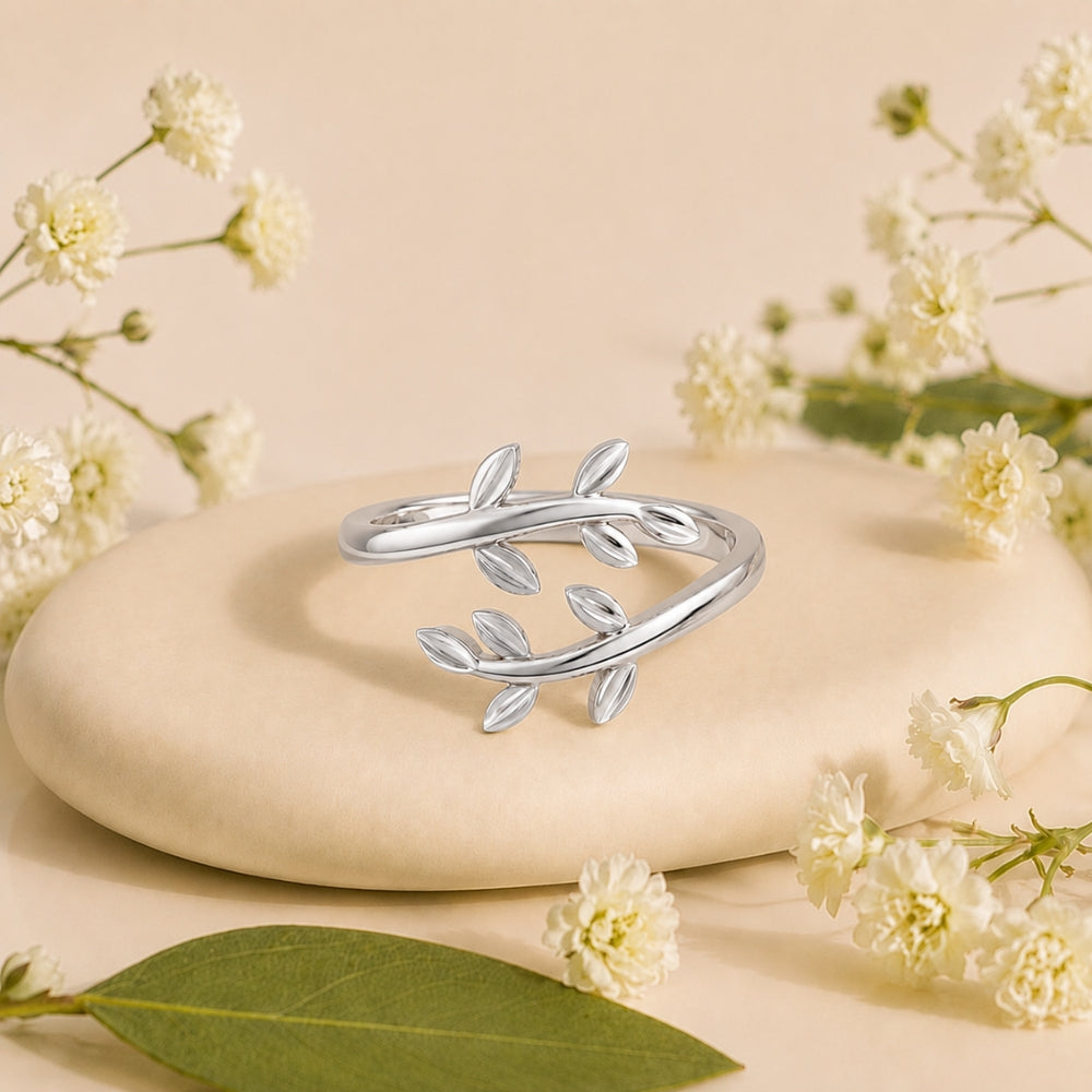 Nature-Inspired Leaf Vine Open Rhodium Plated Ring
