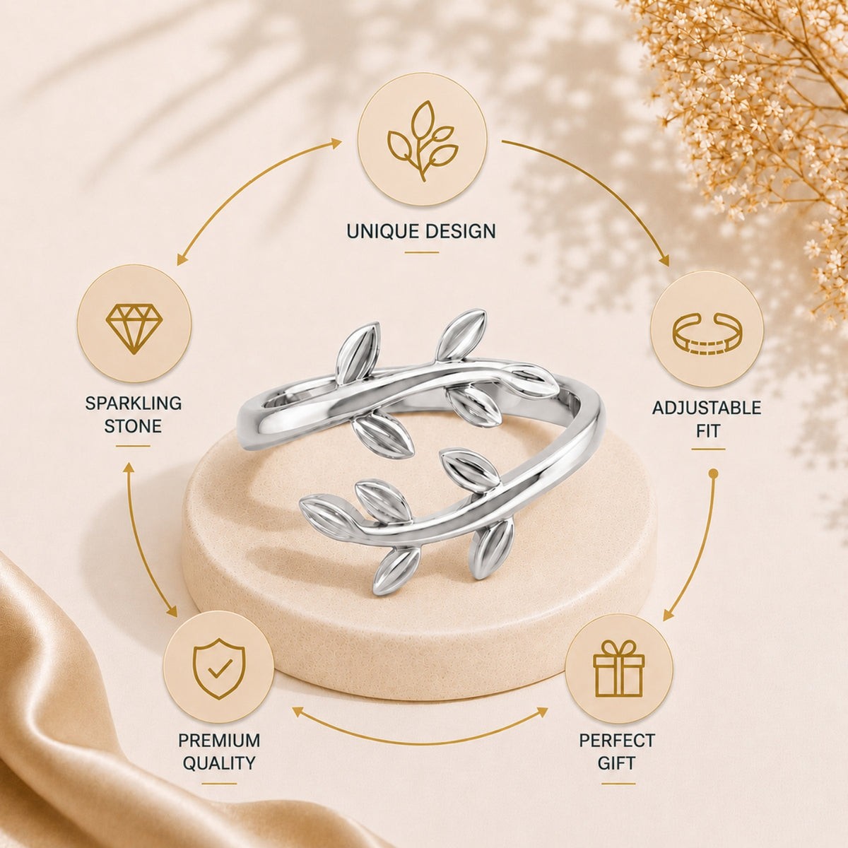 Nature-Inspired Leaf Vine Open Rhodium Plated Ring