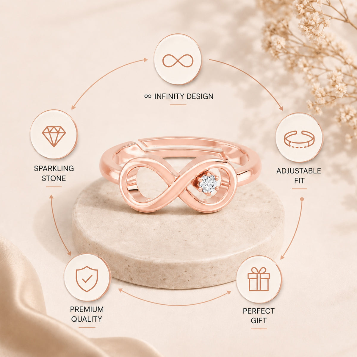 Infinity Loop Solitaire Rose Gold Plated Ring