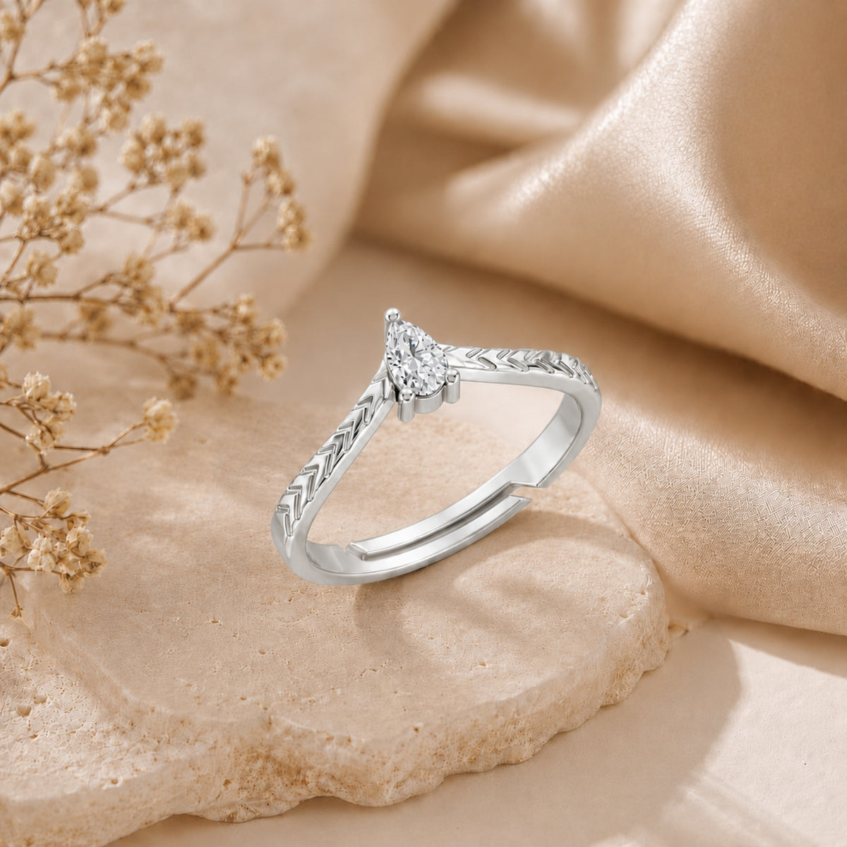 Pear-Cut Solitaire Chevron Rhodium Plated Ring