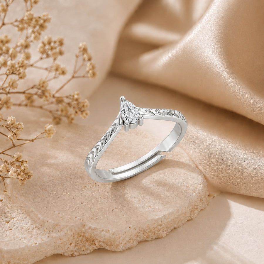 Pear-Cut Solitaire Chevron Rhodium Plated Ring