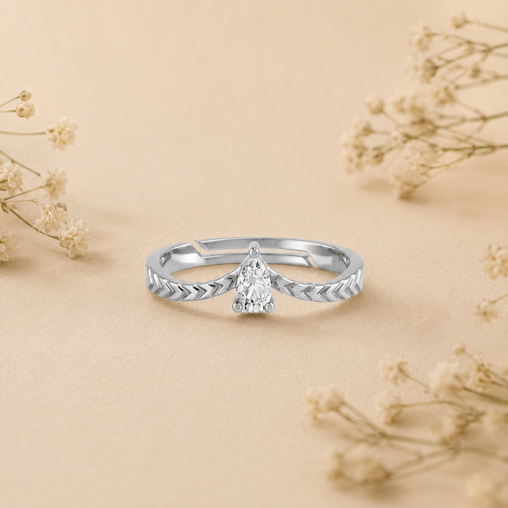 Pear-Cut Solitaire Chevron Rhodium Plated Ring