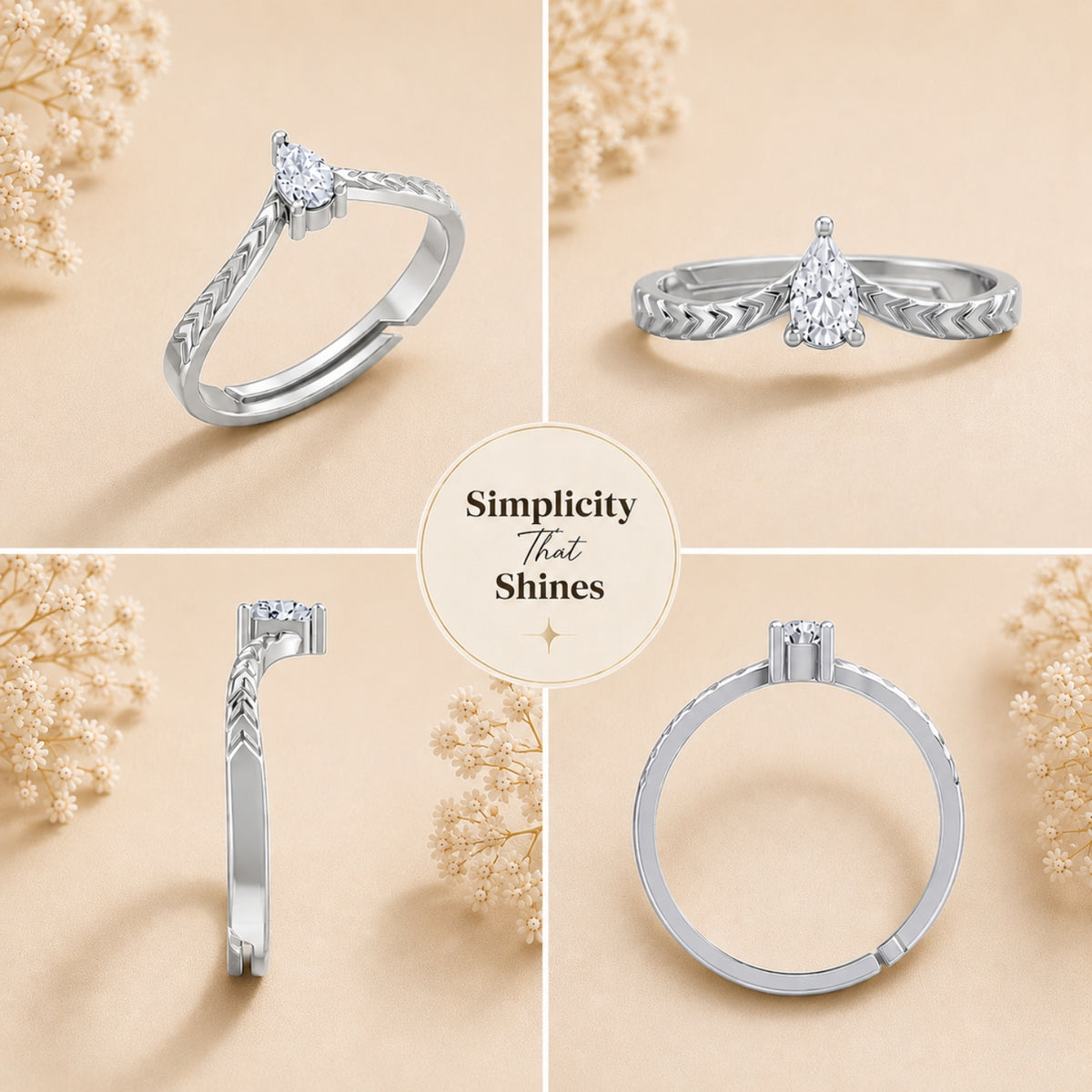Pear-Cut Solitaire Chevron Rhodium Plated Ring