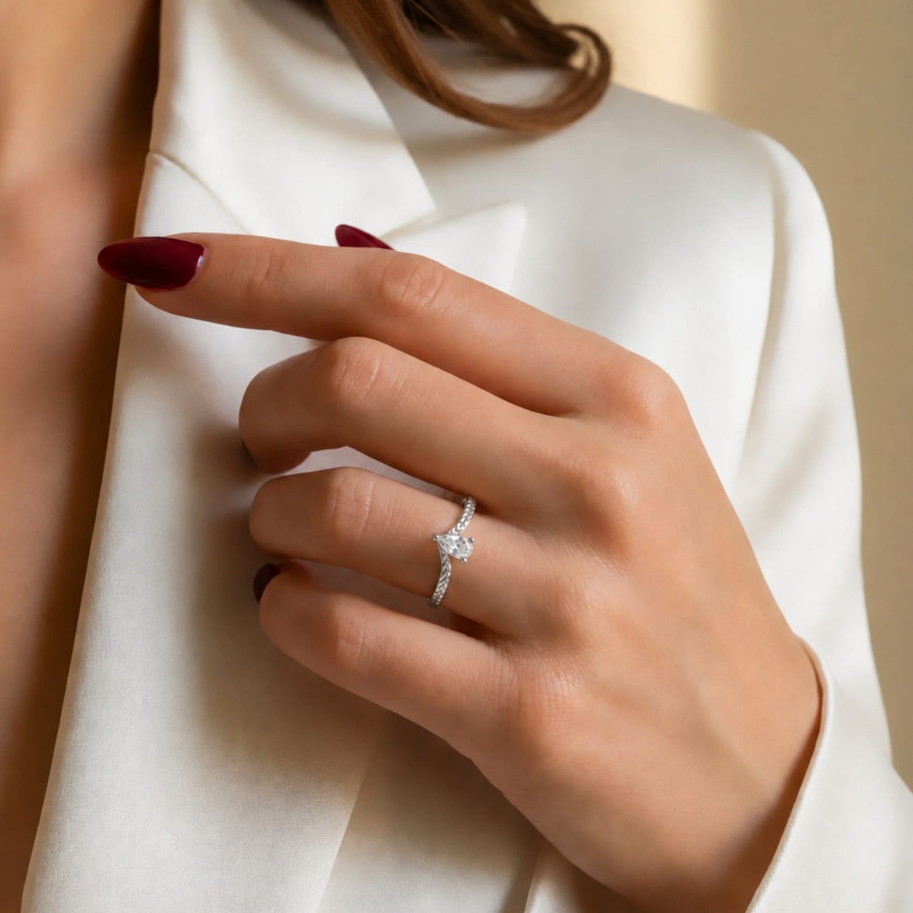 Pear-Cut Solitaire Chevron Rhodium Plated Ring