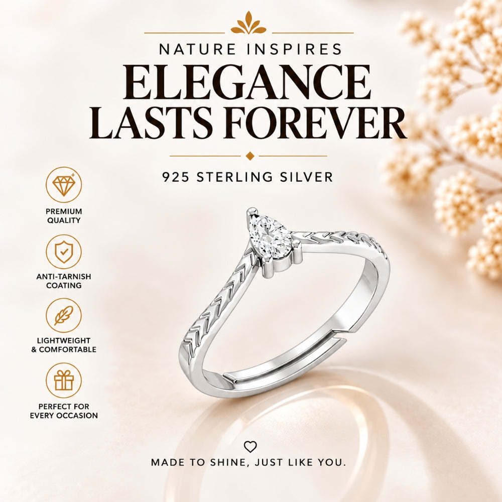 Pear-Cut Solitaire Chevron Rhodium Plated Ring
