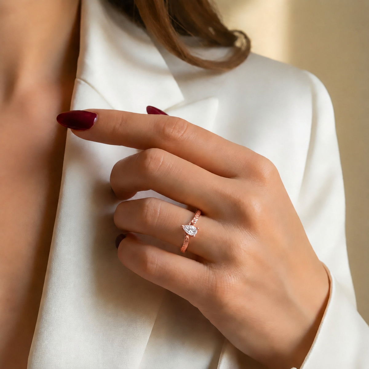 Pear-Cut Solitaire Chevron Rose Gold Plated Ring