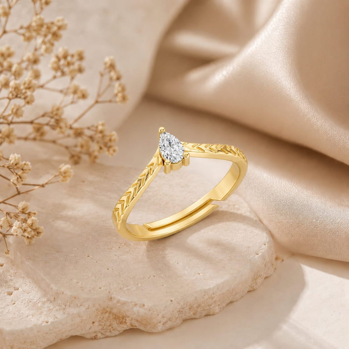 Pear-Cut Solitaire Chevron Gold Plated Ring