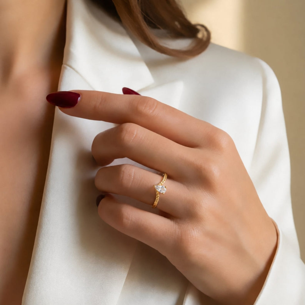 Pear-Cut Solitaire Chevron Gold Plated Ring