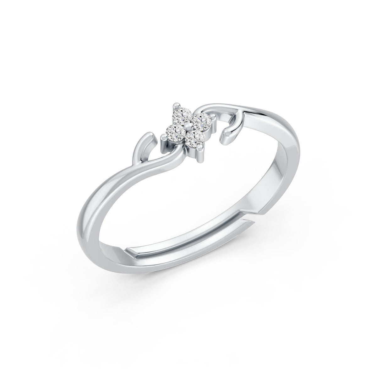 Four-Petal Floral Cluster Rhodium Plated Ring