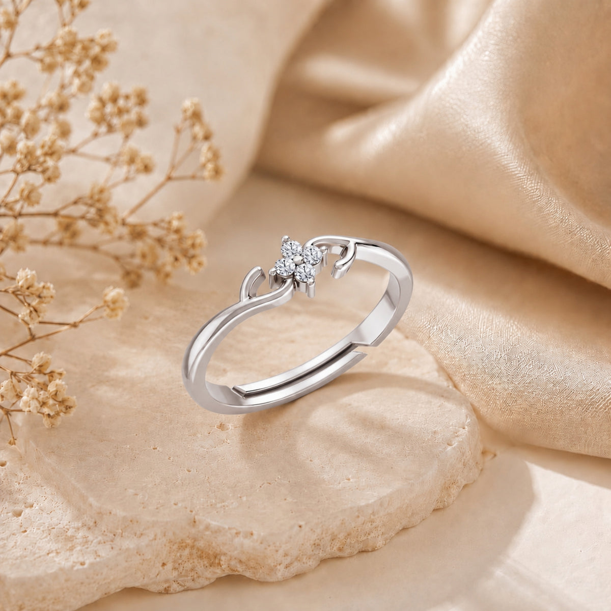 Four-Petal Floral Cluster Rhodium Plated Ring