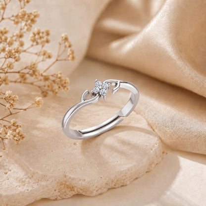 Four-Petal Floral Cluster Rhodium Plated Ring