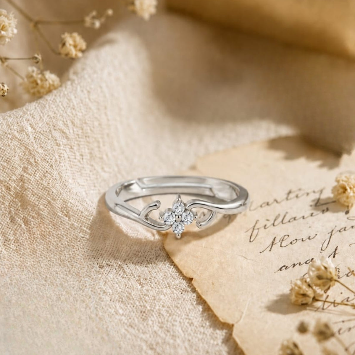 Four-Petal Floral Cluster Rhodium Plated Ring