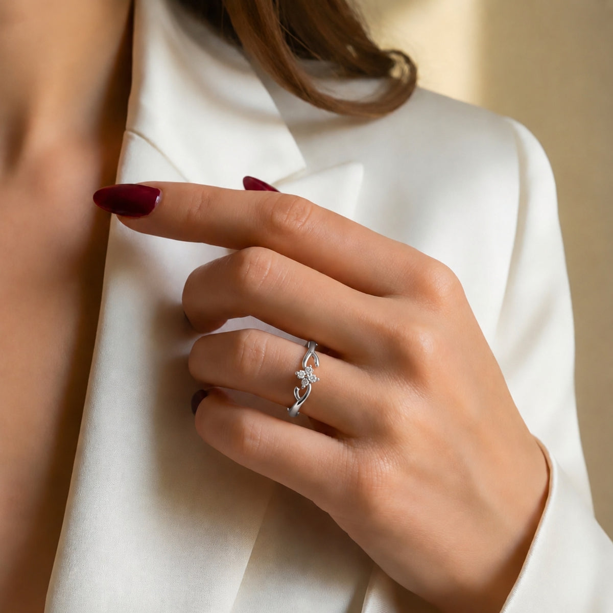 Four-Petal Floral Cluster Rhodium Plated Ring