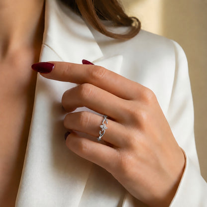 Four-Petal Floral Cluster Rhodium Plated Ring