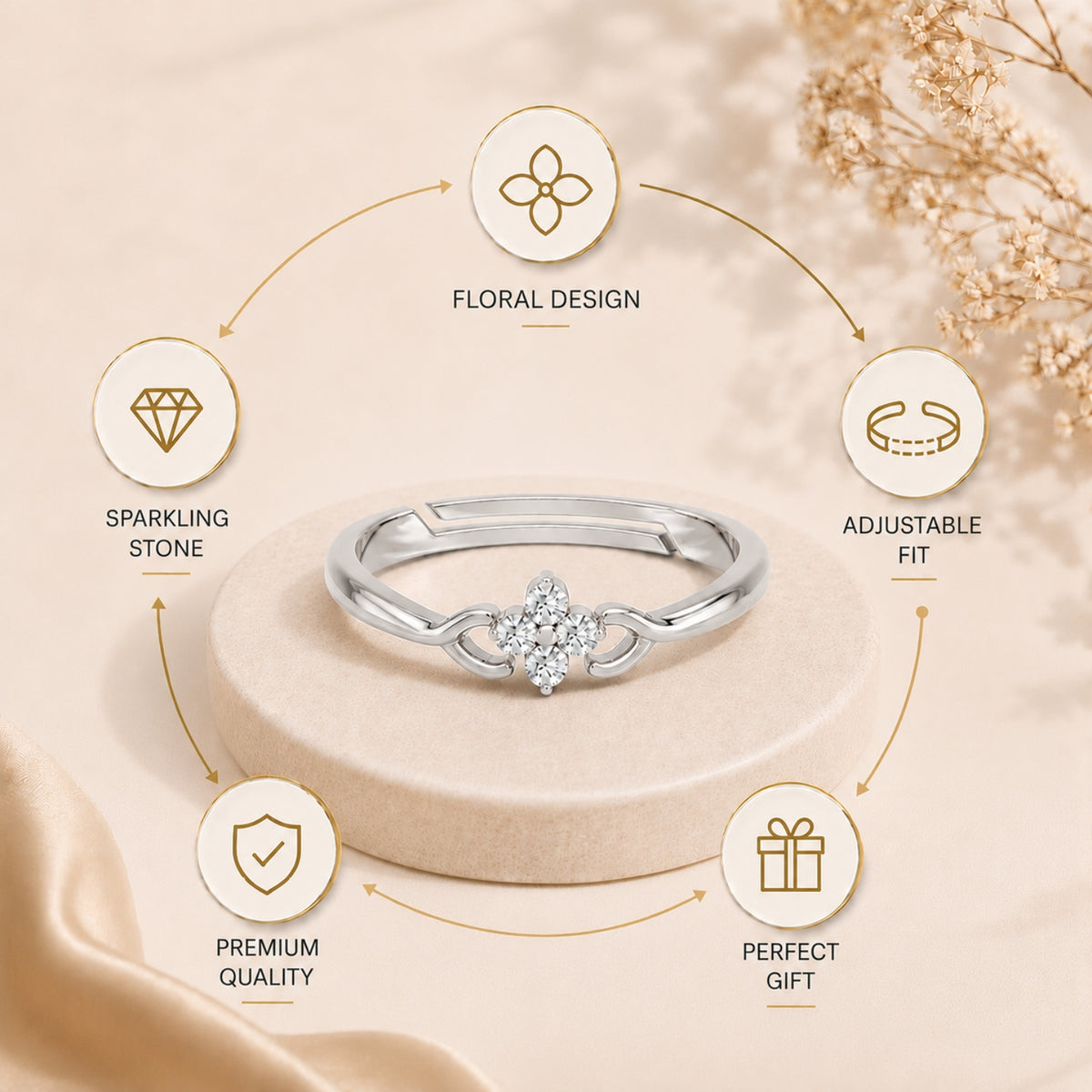 Four-Petal Floral Cluster Rhodium Plated Ring
