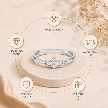 Four-Petal Floral Cluster Rhodium Plated Ring