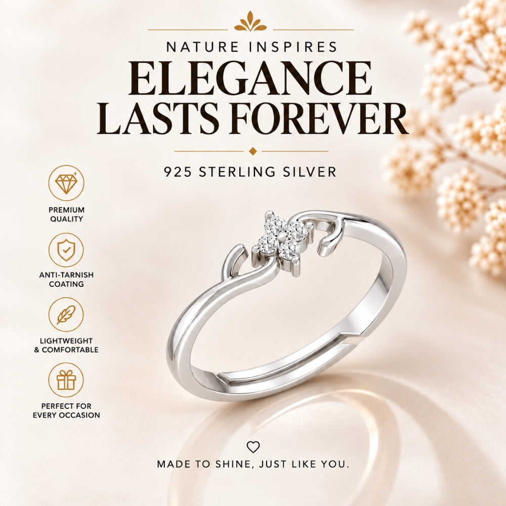 Four-Petal Floral Cluster Rhodium Plated Ring