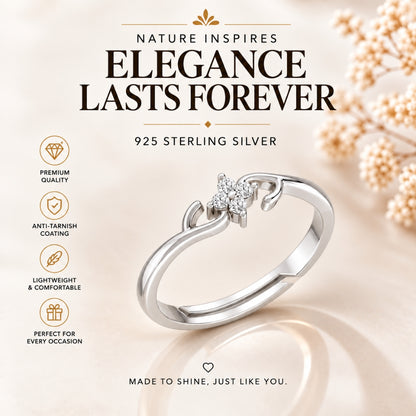 Four-Petal Floral Cluster Rhodium Plated Ring