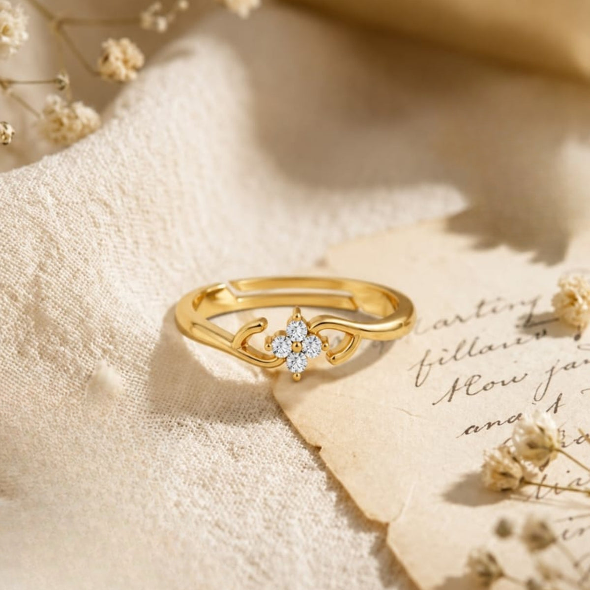 Four-Petal Floral Cluster Gold Plated Ring