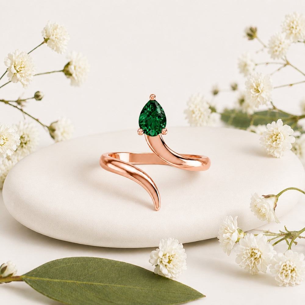 Pear-Cut Emerald Bypass Rose gold Plated Ring