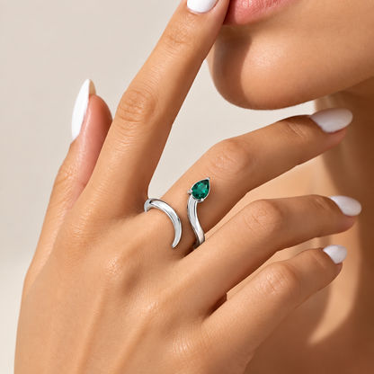 Pear-Cut Emerald Bypass Rhodium Plated Ring