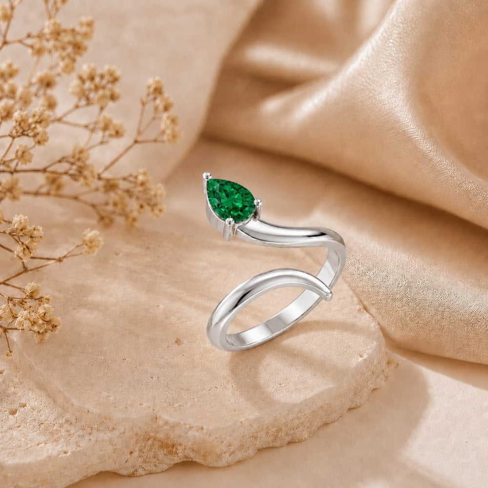 Pear-Cut Emerald Bypass Rhodium Plated Ring