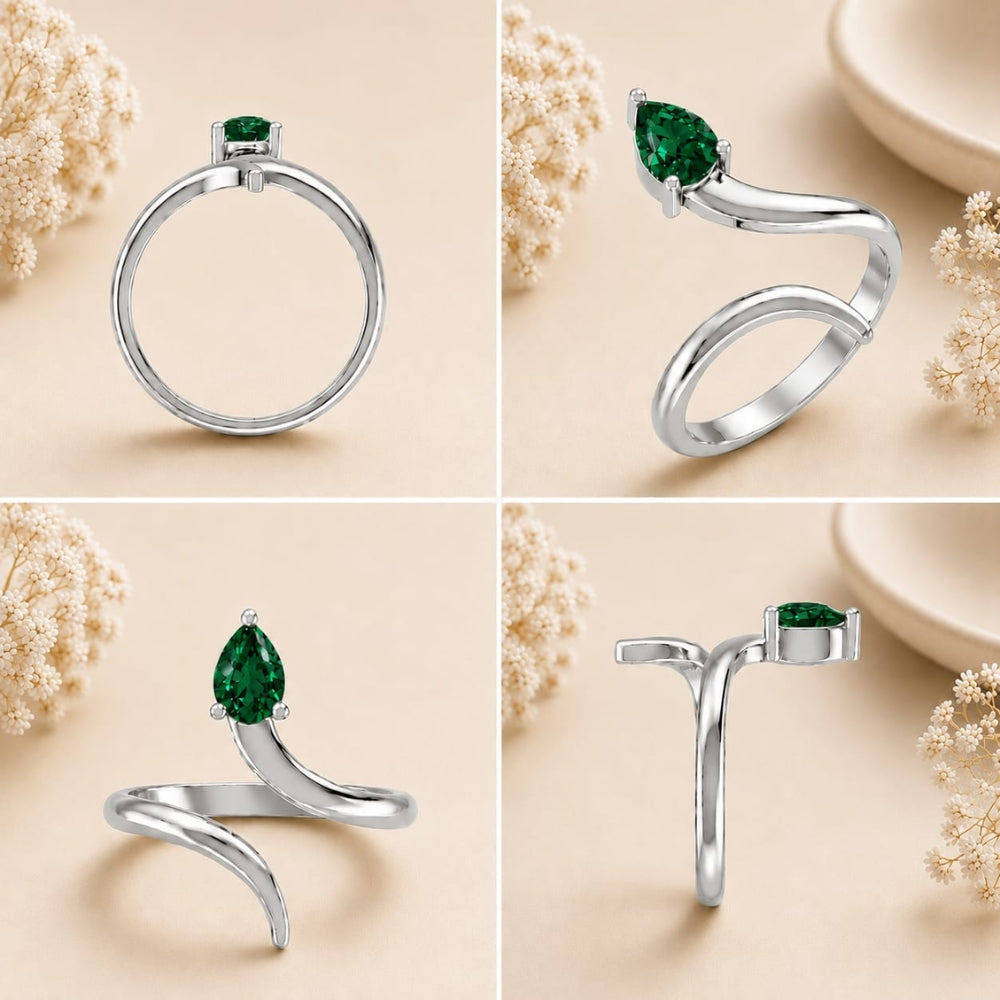 Pear-Cut Emerald Bypass Rhodium Plated Ring
