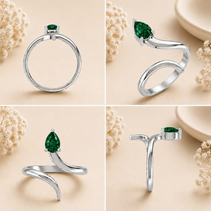 Pear-Cut Emerald Bypass Rhodium Plated Ring