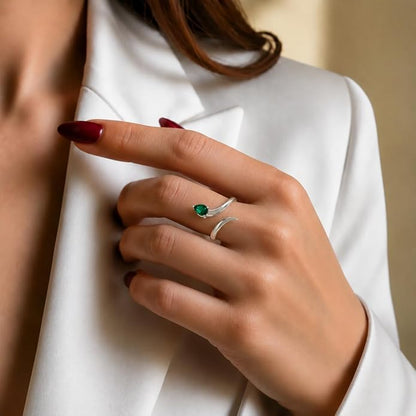 Pear-Cut Emerald Bypass Rhodium Plated Ring