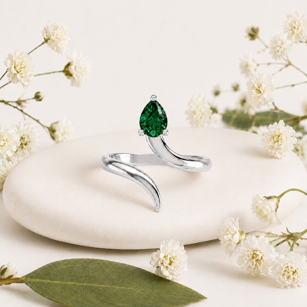 Pear-Cut Emerald Bypass Rhodium Plated Ring
