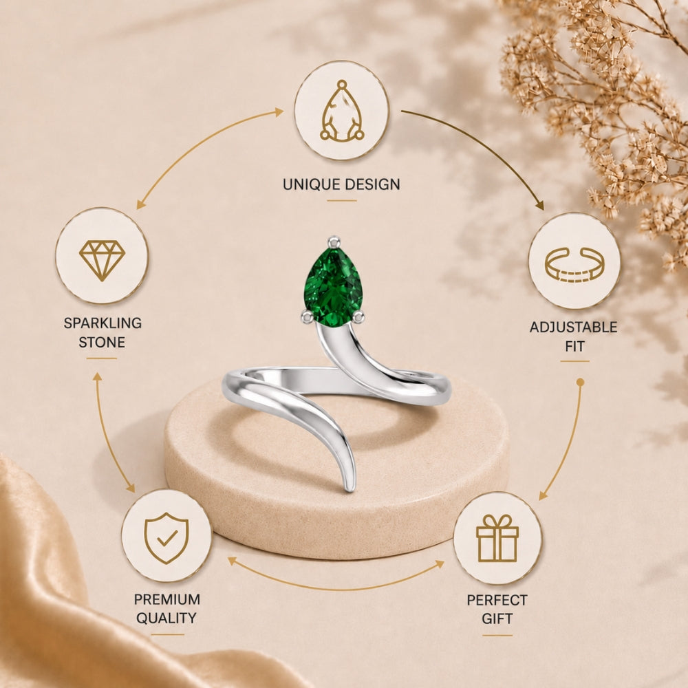 Pear-Cut Emerald Bypass Rhodium Plated Ring