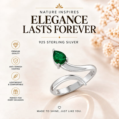 Pear-Cut Emerald Bypass Rhodium Plated Ring