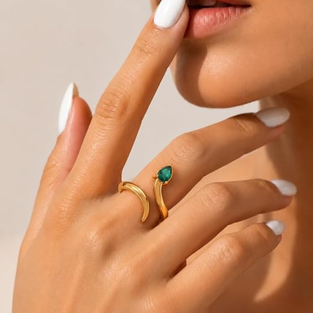 Pear-Cut Emerald Bypass Gold Plated Ring
