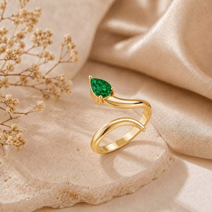 Pear-Cut Emerald Bypass Gold Plated Ring