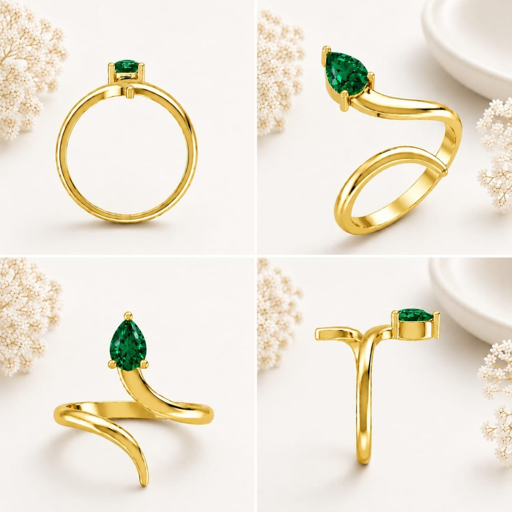 Pear-Cut Emerald Bypass Gold Plated Ring