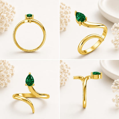 Pear-Cut Emerald Bypass Gold Plated Ring