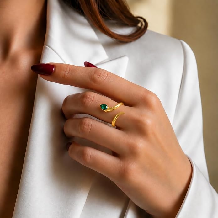 Pear-Cut Emerald Bypass Gold Plated Ring