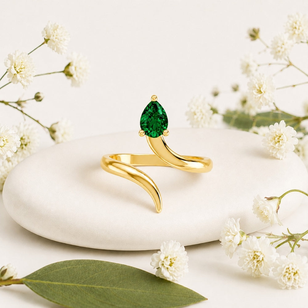 Pear-Cut Emerald Bypass Gold Plated Ring