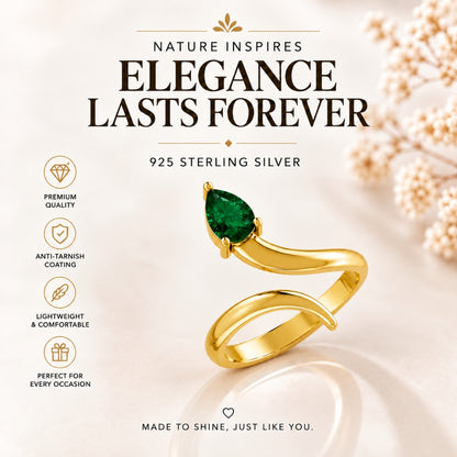 Pear-Cut Emerald Bypass Gold Plated Ring