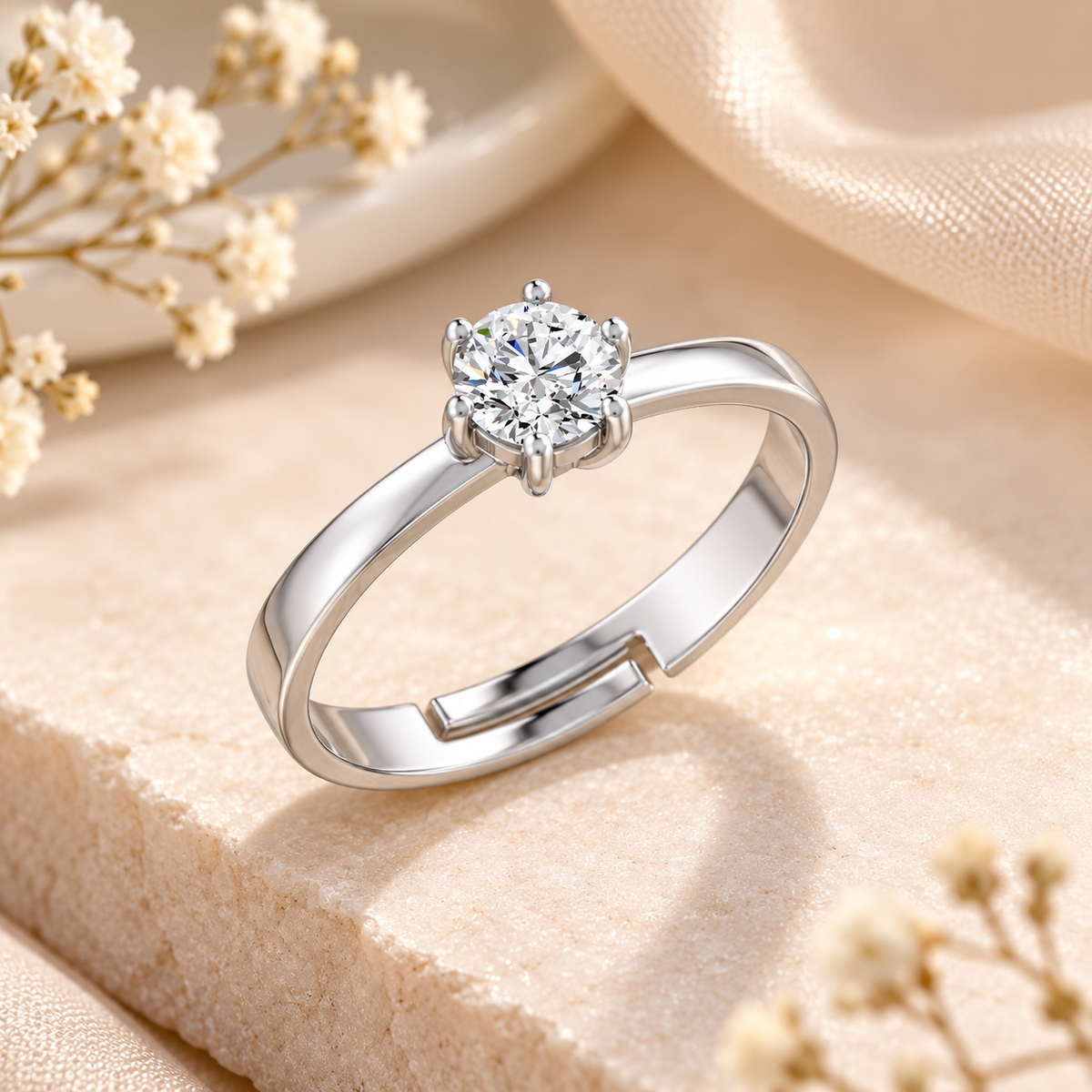 Round-Cut Six-Prong Solitaire Rhodium Plated 925 sterling silver Ring