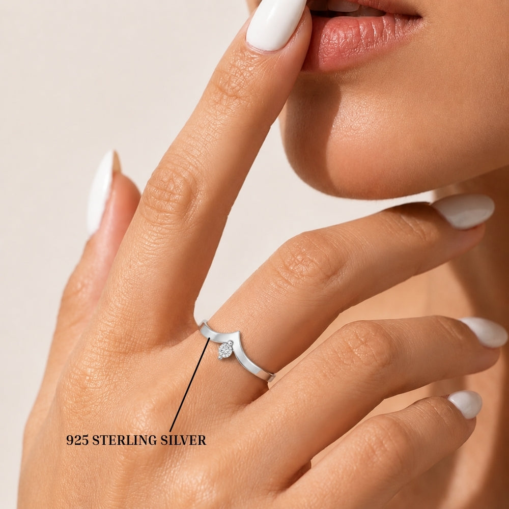 V-Shaped Round Solitaire Rhodium plated 925 sterling silver Ring