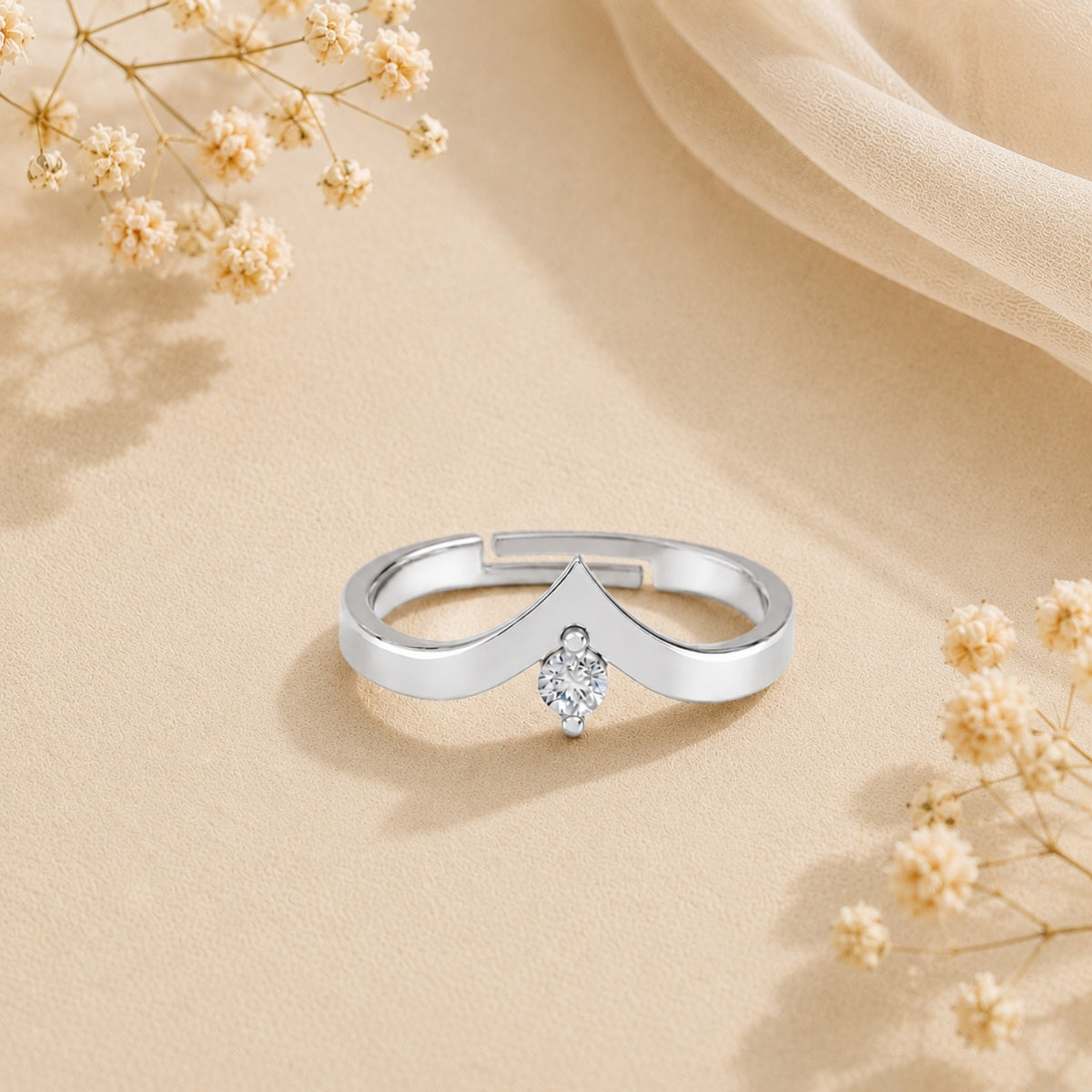 V-Shaped Round Solitaire Rhodium plated 925 sterling silver Ring