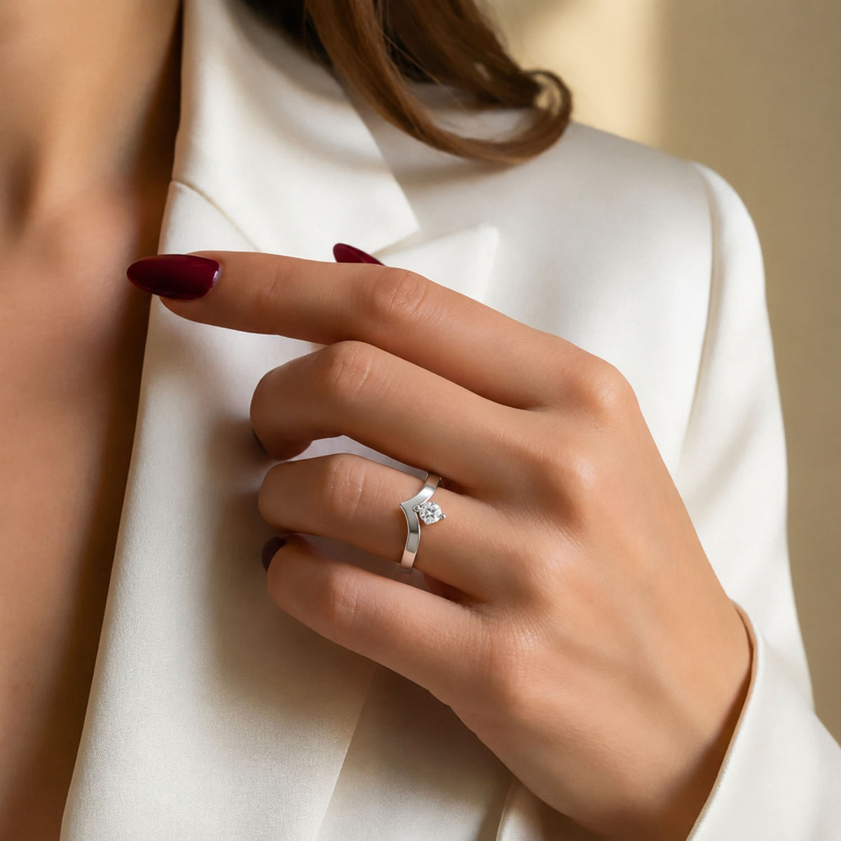 V-Shaped Round Solitaire Rhodium plated 925 sterling silver Ring